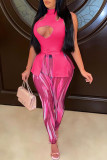 Pink Fashion Sexy Print Hollowed Out Half A Turtleneck Sleeveless Two Pieces