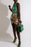 Green Sexy Print Patchwork Buckle Backless Fold Turndown Collar Pencil Skirt Dresses