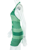 Green Sexy Plaid Print Patchwork Backless Halter Pencil Skirt Dresses