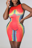 Multicolor Sexy Print Patchwork O Neck One Step Skirt Dresses