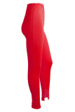 Red Milk Silk Elastic Fly Mid Solid Draped pencil Pants Bottoms