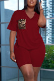 Red Casual Print Patchwork Pocket V Neck Short Sleeve Two Pieces