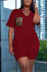Burgundy Casual Print Patchwork Pocket V Neck Short Sleeve Two Pieces
