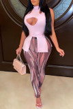Rose Red Fashion Sexy Print Hollowed Out Half A Turtleneck Sleeveless Two Pieces