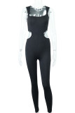 Black Sexy Solid Hollowed Out Patchwork Asymmetrical Square Collar Regular Jumpsuits