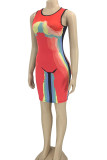 Multicolor Sexy Print Patchwork O Neck One Step Skirt Dresses