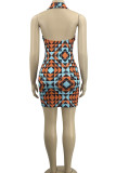 Green Sexy Print Patchwork Buckle Backless Fold Turndown Collar Pencil Skirt Dresses
