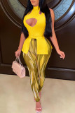 Pink Fashion Sexy Print Hollowed Out Half A Turtleneck Sleeveless Two Pieces