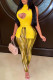 Yellow Fashion Sexy Print Hollowed Out Half A Turtleneck Sleeveless Two Pieces