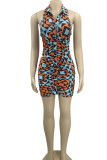 Green Sexy Print Patchwork Buckle Backless Fold Turndown Collar Pencil Skirt Dresses