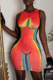 Multicolor Sexy Print Patchwork O Neck One Step Skirt Dresses