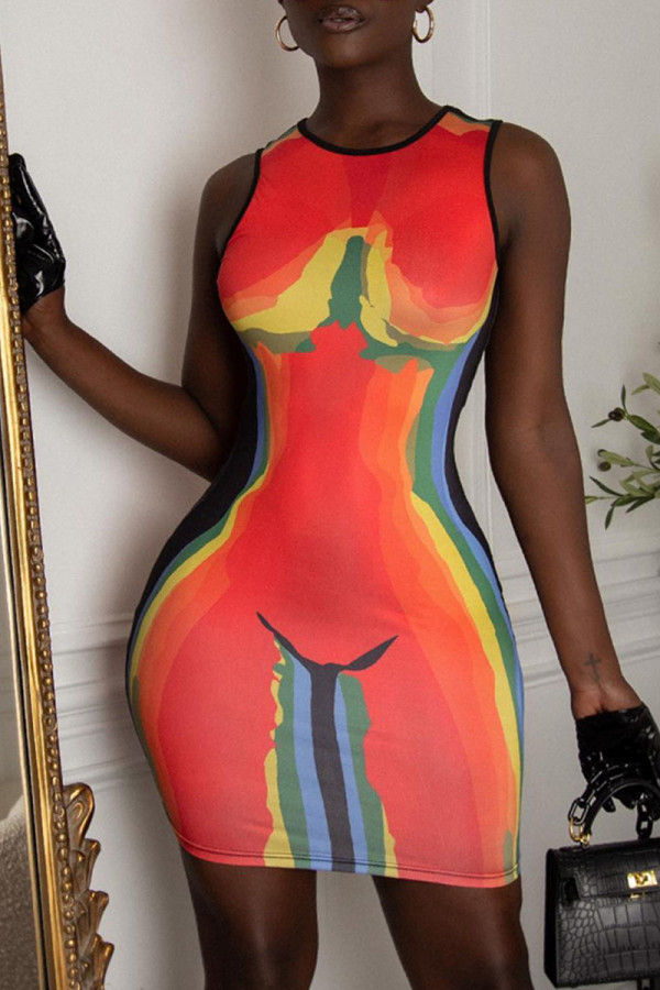 Multicolor Sexy Print Patchwork O Neck One Step Skirt Dresses