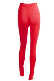 Red Milk Silk Elastic Fly Mid Solid Draped pencil Pants Bottoms