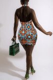 Green Sexy Print Patchwork Buckle Backless Fold Turndown Collar Pencil Skirt Dresses