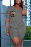 Red Casual Print Patchwork Pocket V Neck Short Sleeve Two Pieces