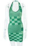 Green Sexy Plaid Print Patchwork Backless Halter Pencil Skirt Dresses