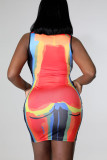 Multicolor Sexy Print Patchwork O Neck One Step Skirt Dresses
