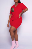 Red Casual Print Patchwork Pocket V Neck Short Sleeve Two Pieces