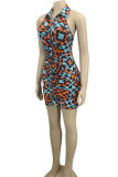 Green Sexy Print Patchwork Buckle Backless Fold Turndown Collar Pencil Skirt Dresses
