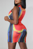 Multicolor Sexy Print Patchwork O Neck One Step Skirt Dresses