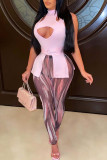 Rose Red Fashion Sexy Print Hollowed Out Half A Turtleneck Sleeveless Two Pieces