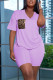 Purple Casual Print Patchwork Pocket V Neck Short Sleeve Two Pieces