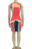 Multicolor Sexy Print Patchwork O Neck One Step Skirt Dresses