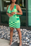 Green Sexy Plaid Print Patchwork Backless Halter Pencil Skirt Dresses