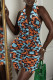Orange Sexy Print Patchwork Buckle Backless Fold Turndown Collar Pencil Skirt Dresses