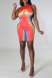 Multicolor Sexy Print Patchwork O Neck One Step Skirt Dresses