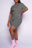 Red Casual Print Patchwork Pocket V Neck Short Sleeve Two Pieces