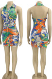 Green Sexy Print Patchwork Buckle Backless Fold Turndown Collar Pencil Skirt Dresses