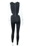 Black Sexy Solid Hollowed Out Patchwork Asymmetrical Square Collar Regular Jumpsuits