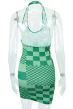 Green Sexy Plaid Print Patchwork Backless Halter Pencil Skirt Dresses