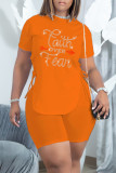 Blue Fashion Casual Letter Hot Drilling Bandage Slit O Neck Short Sleeve Two Pieces