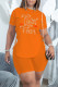 Orange Fashion Casual Letter Hot Drilling Bandage Slit O Neck Short Sleeve Two Pieces