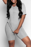 Grey Fashion Casual Solid Basic O Neck Short Sleeve Two Pieces