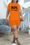 Blue Fashion Casual Letter Print Bandage Slit O Neck Short Sleeve Two Pieces