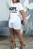 Blue Fashion Casual Letter Print Bandage Slit O Neck Short Sleeve Two Pieces