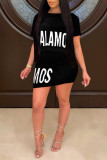 Yellow Fashion Casual Letter Print Basic O Neck Short Sleeve Two Pieces