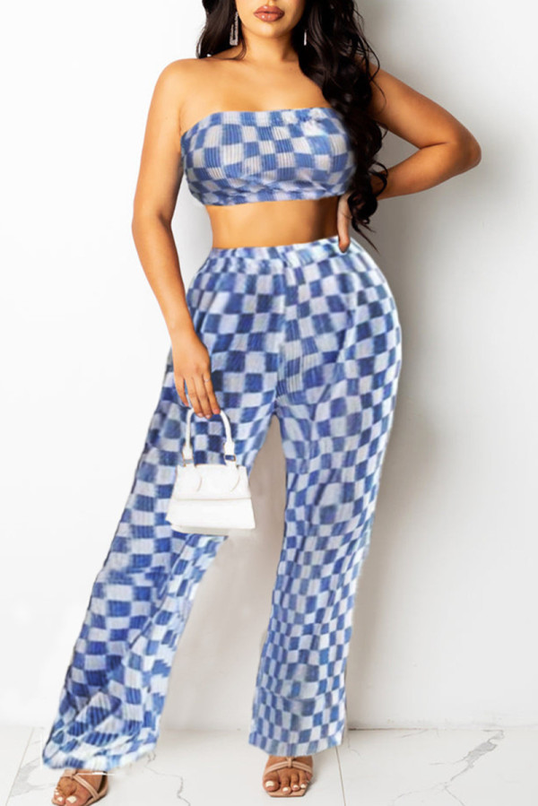 Blue Fashion Casual Plaid Print Backless Strapless Sleeveless Two Pieces