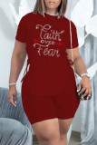 Blue Fashion Casual Letter Hot Drilling Bandage Slit O Neck Short Sleeve Two Pieces