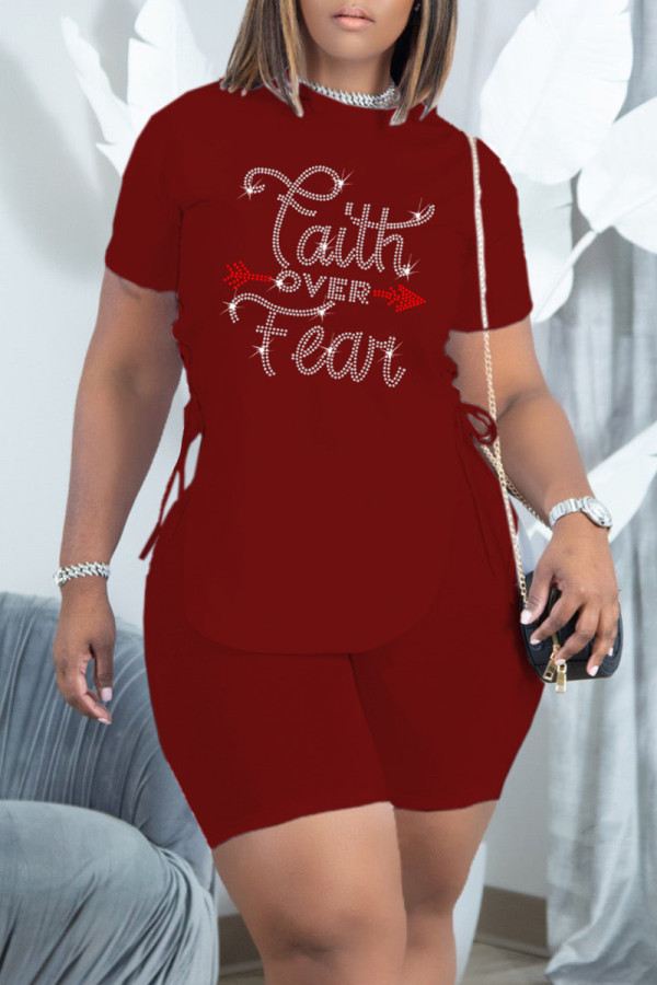 Burgundy Fashion Casual Letter Hot Drilling Bandage Slit O Neck Short Sleeve Two Pieces
