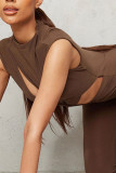 Brown Sexy Solid Hollowed Out Patchwork O Neck Regular Jumpsuits