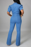 Dark Blue Fashion Casual Solid Zipper Turndown Collar Regular Jumpsuits