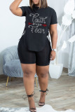 Blue Fashion Casual Letter Hot Drilling Bandage Slit O Neck Short Sleeve Two Pieces