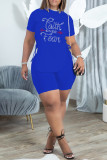 Blue Fashion Casual Letter Hot Drilling Bandage Slit O Neck Short Sleeve Two Pieces
