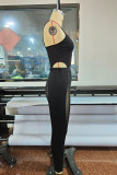 Black Fashion Sexy Solid Patchwork See-through Backless Spaghetti Strap Sleeveless Two Pieces