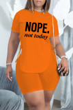 Blue Fashion Casual Letter Print Bandage Slit O Neck Short Sleeve Two Pieces