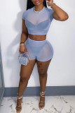 Pink Fashion Sexy Solid See-through O Neck Short Sleeve Two Pieces